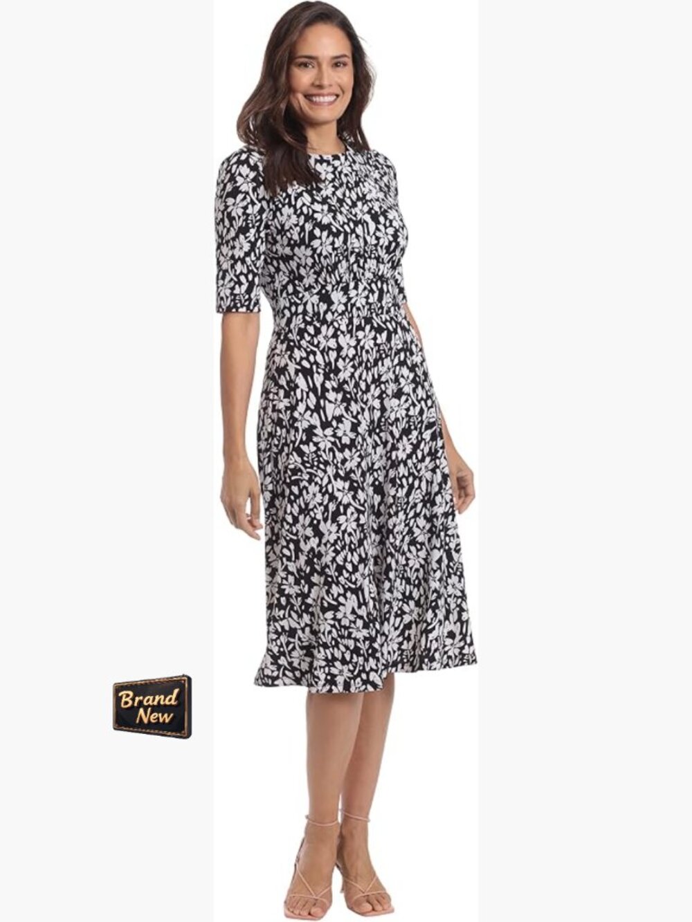 Elegant A-Line Midi Dress with Floral Pattern, Polyester Spandex, Elbow Sleeve,